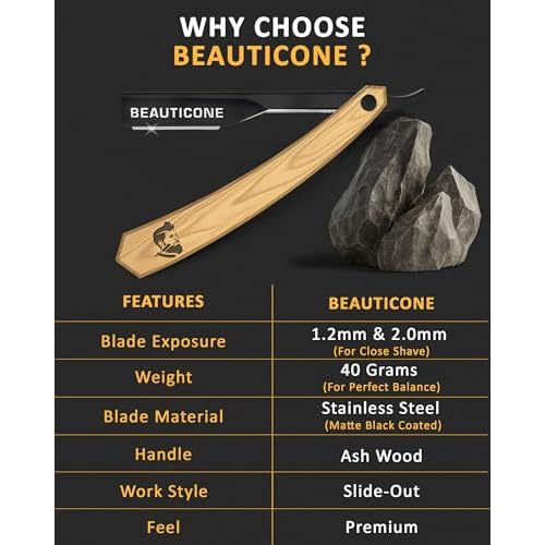 BEAUTICONE Straight Razors for Men, Professional Barber Razors, Premium Straight Edge Razor, Shaving Knife, Shavette, Stainless Steel, Wooden Handle, With PU Leather Case