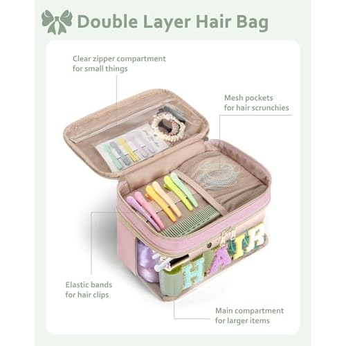 Fasrom Double Layer Hair Accessories Organizer, Preppy Patch Makeup Bag with HAIR Chenille Letter, Portable Travel Cosmetic Pouch Clear Toiletry Case for Women Girl, Pink(Bag Only, Patent Design)