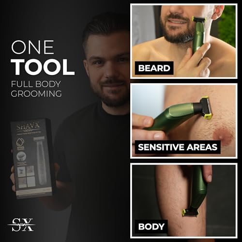 Electric Body Hair Trimmer & Beard Shaver for Mens ? Skin-Safe Dual Blade Groomer for Sensitive Areas, Chest, Legs, Pubic & Groin Hair ? Wet/Dry Waterproof, Rechargeable, with 3 Guide Combs.