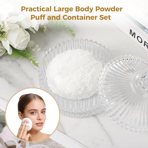 2 PCS Large Body Powder Puff with Glass Container Set, Soft Washable Puff Set for Face & Body, Reusable Puff with Ribbon Band for Makeup Glitter Application, After-Bath Care