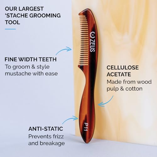 ZEUS Large 5¡± Mustache Comb for Men, Handmade Saw Cut, Long Handle Beard & Mustache Grooming Tool for Precise Styling (Tortoiseshell) P12