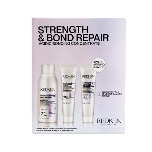 Redken Acidic Bonding Concentrate Mini Kit ? Strengthening Shampoo, Conditioner & Leave In Treatment for Damaged Hair, Reduces Breakage & Split Ends, Travel Size