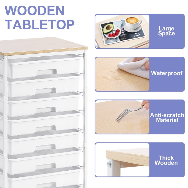 Rolling Drawer Storage Cart with 8 Removable Drawers and Wooden Top