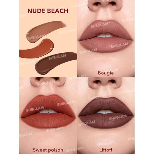 SHEGLAM Matte Allure 3 Pcs Mini Liquid Lipstick Set Nourishing Sunflower Oil Reduce Lip Fine Lines Long Lasting Travel Liquid Lip Stick - Nude Beach