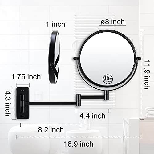 Wall Mounted Magnifying Makeup Mirror with 1X 10X Magnification and Extendable Arm, 8 Inch Double Sided Vanity Mirror for Bathroom, Wall Mirror for Teen Girls, Women, Matte Black