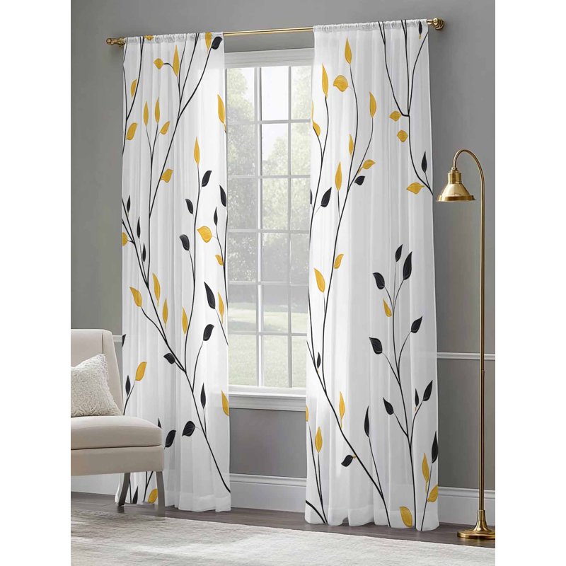 Yellow Sheer Curtains 96 Inch Length 2 Panels Set - Rustic Botanical Window Treatment