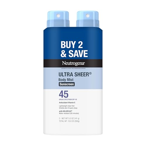 Neutrogena Ultra Sheer Body Mist Sunscreen Spray, Broad Spectrum SPF 45, Lightweight Spray Sunscreen, Non-Greasy & Water Resistant, Oil-Free & Non-Comedogenic UVA/UVB, Twin Pack, 2 x 5 oz
