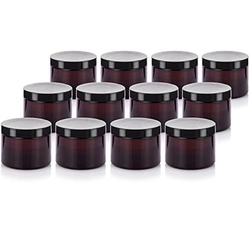 (12 pack) 6 oz Amber PET Plastic Refillable Jar with Black Lid