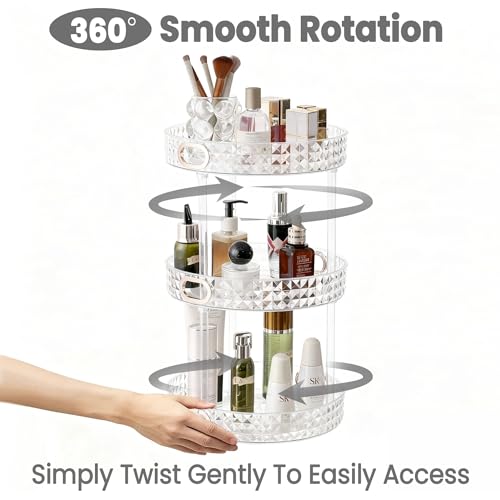 360 Rotating Makeup Organizer, 3 Tier Diamond Pattern Perfume Organizer, 10.7" Large Capacity Skincare Lotion Organizer, Designed for Vanity and Bathroom Countertops, Clear