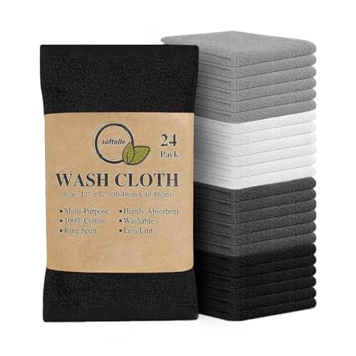 Softolle 100% Cotton Washcloths 24 Pack (12x12 Inches) Soft, Highly Absorbent Washcloth, Face Towels, Wash Cloths for Face, Ring Spun, Bulk Pack (White/L.Grey/D.Grey/Black)
