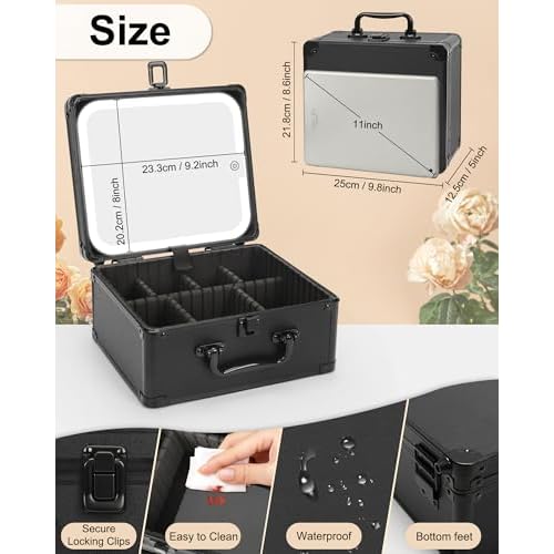 Makeup Case with Lighted Mirror, Travel Makeup Box with LED Mirror Makeup Organizer Bag Portable Cosmetic Train Case Makeup Artist Storage Bags with Adjustable Dividers Gifts for Women and Girls
