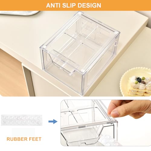 Stackable Makeup Organizer Storage Drawers Set of 4, Clear Plastic Organizer Bins for Beauty Supplies,Ideal for Vanity, Bathroom,Cabinet,Pantry Organization (4 Short)