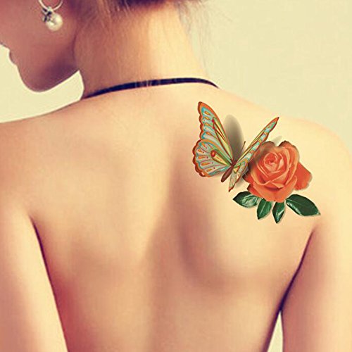 TAFLY£¨TM£© 5 Sheets Waterproof 3d Blue Butterfly Rose Flower Sticker Tattoo Foil Decal Fashion Body Art Fake Tattoo