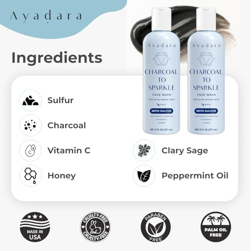 Severe Acne Charcoal Face Wash, 8 oz, Daily Cleanser with Sulfur and Honey, Face Cleanser for Acne, Deep Cleansing Charcoal Face Wash for Women and Men, 425+ Uses