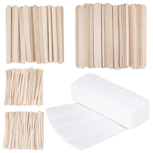400Pcs Wax Strips Sticks Kit, FULANDL Wooden Wax Applicator Sticks, 300 Small Medium Large Eyebrow Waxes Spatulas with 100 Non-Woven Paper Strip for Women Men Body Hair Removal