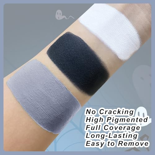 Black White Light Grey Face Paint + 3PCS Sponge + Brush,3 Colors Gray Body Paint Palette for Zombie Skeleton Vampire Cosplay,Skull Black White Halloween SFX Makeup Kit,21g