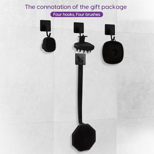 Silicone Body Scrubber Set £¬Includes Back & Body Scrubbers, Face Brush, Scalp Massager, 4 Storage Hooks, Shower & Bathroom Hygiene Accessories for Gift(Black) (D)