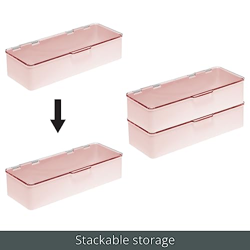 mDesign Long Plastic Cosmetic Storage Organizer Box Containers with Hinged Lid for Bedroom, Bathroom Vanity Shelf or Cabinet, Holds Masks, Palettes, Lotion, or Nail Polish, 2 Pack - Light Pink/Clear
