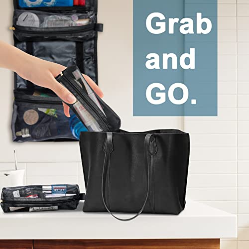 Toiletry Bag Can Hanging Small Roll-Up Makeup Organizer Bag with 3 Detachable Transparent Mesh Folding Cosmetic Travel Bags for Women & Men Black Toiletries Organizer Bag Gym Camping Grooming, Black
