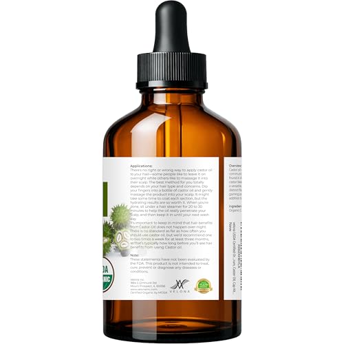 velona USDA Certified Organic Castor Oil - 4 fl oz (With Dropper) | For Hair, Boost Eyelashes, Eyebrows | Cold pressed, Natural Oil USP Grade | Hexane Free