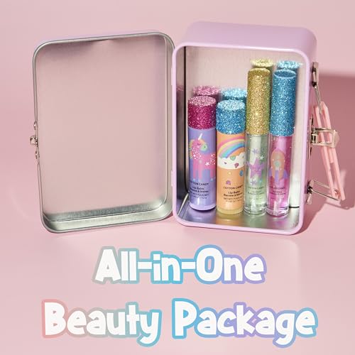 5pc Rainbow Rhinestones Cosmetics Lip Kit For Kids w/Lip Glosses, Lip Balms & Tin Box Storage Case "Magical" Lip Set,Washable + Non Toxic