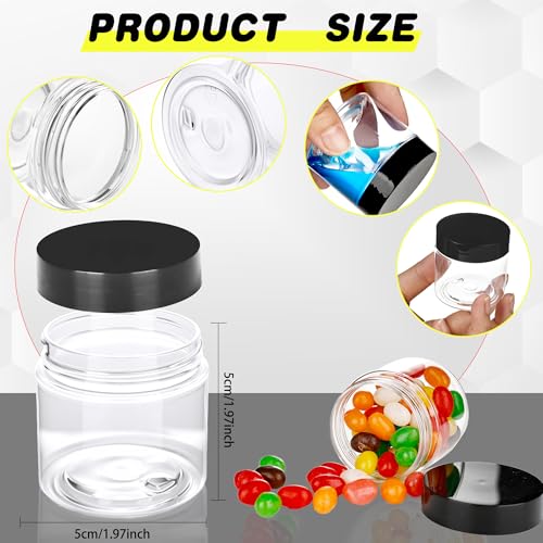 60 pcs 2 oz Clear Plastic Round Jars with Black Lids Empty Small Plastic Jars Wide-Mouth Cosmetic Storage Containers for Makeup Cream Scrubs Kitchen Food Storage
