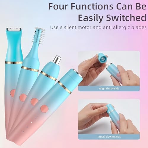 4-in-1 Electric Facial Hair Trimmer for Women, Rechargeable Waterproof Eyebrow Epilator with Multiple Heads, Blue and Pink Gradient