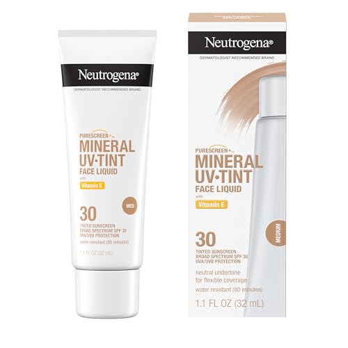 Neutrogena Purescreen+ Tinted Sunscreen for Face with SPF 30, Broad Spectrum Mineral Sunscreen with Zinc Oxide and Vitamin E, Water Resistant, Fragrance Free, Medium, 1.1 fl oz