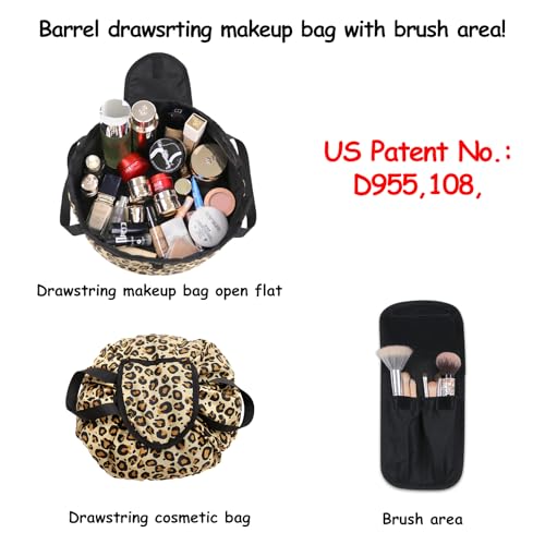 Drawstring Makeup Bag Open Flat ¡§C Barrel Drawstring Cosmetic Bag for Women Toiletry Bag for Travel with Brush Bag (Leopard)