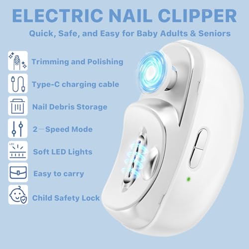 Electric Nail Clipper, Electric Nail Clippers for Seniors, 2026 2 in 1 Multifunctional Electric Nail Trimmer for Adults£¬Kids with Polishing and 2 Speeds (White)