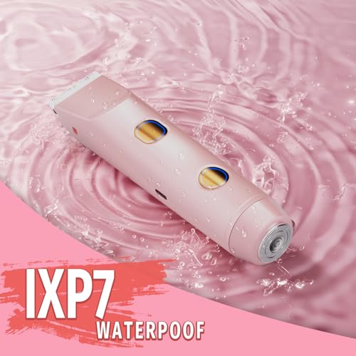 2-in-1 Bikini Trimmer for Women, Bikini Shaver with Dual Heads, Body and Facial Hair Removal, Cordless Rechargeable Electric Razors for Face Chin Pubic Underarm Legs, IPX7 Waterproof, Pink