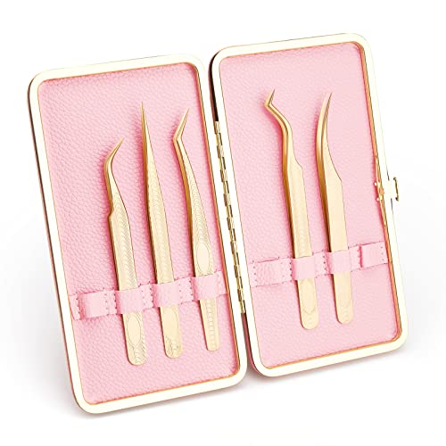 5 PCS Lash Extension Tweezers Set, Stainless Steel Professional Eyelash Extension Tweezers for Volume, Isolation and Classic Lashes