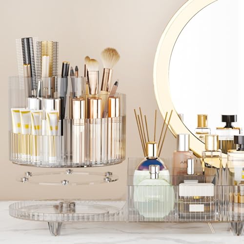 Rotating Makeup Organizer for Vanity with Brush Holder, Cosmetic Makeup Storage Organizer, Large Spinning Makeup Skincare Organizer, Countertop Makeup Perfume, Lotions Display Case (Transparent)