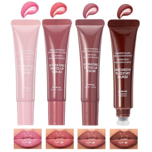 4 Colors Jelly Tinted Lip Serum Gloss,Hydrating Nourishing Lip Plumping,Long-Lasting Moisturizing with Polypeptide,Non-Sticky Glossy Lip Glaze Makeup