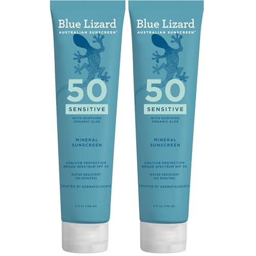 BLUE LIZARD Mineral Sunscreen, SPF 50+, Tube, Zinc Oxide | Water Resistant | Fragrance Free | For Sensitive Skin | 5 Fl Oz Pack of 2