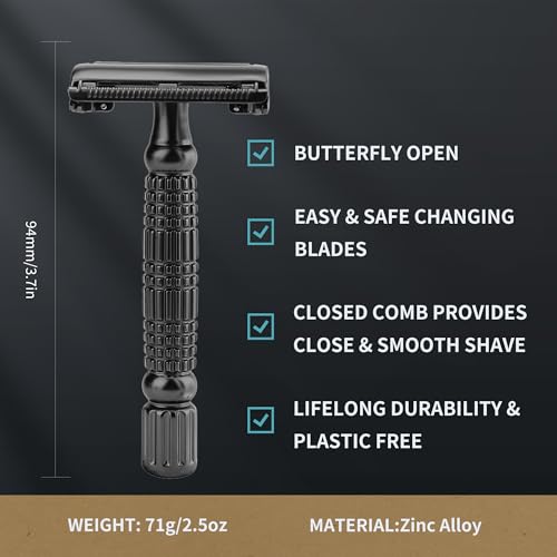 Gearhub Butterfly Double Edge Safety Razor Reusable Stainless Metal Wet Shaving Razor with 10 Swedish Platinum Blades for Men Women Barber Bikini Armpit Hair, Matte Black GR179