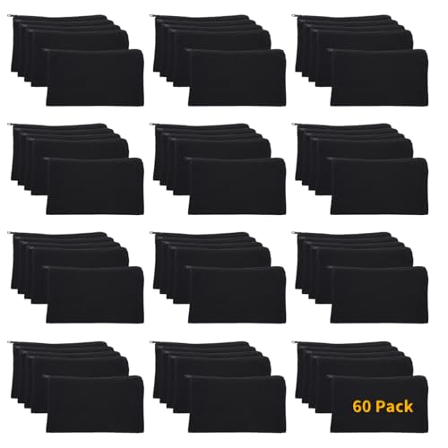 60 Pack 8.07"L* 4.72"W Canvas Makeup Bags Bulk Pencil Zipper Pouch DIY Craft Stationary Storage Bag (Black 60pcs)