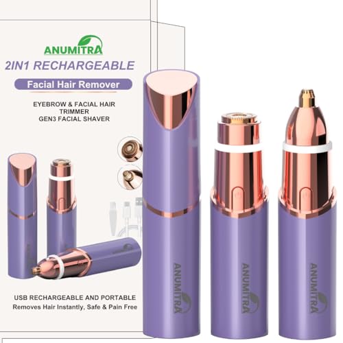 ANUMITRA Gen 3 Pro 2 in 1 Flawless Facial Hair Removal for Women- Eyebrow Trimmer for Face, Lip, Nose Hair Trimmer, with Replacement Heads, Facial Razor for Women, Flawless Facial Hair Remover