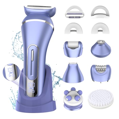 Electric Shavers for Women, 7 in 1 Hair Removal Kit with Epilator Bikini Trimmer Face Razor Body Brush Face Massager Foot Callus Remover, IPX7 Waterproof Lady Razors Set for Legs Armpit Bikini Pubic