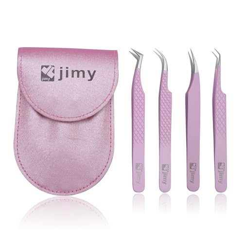 Jimy 4 Piece Set Lash Tweezers for Eyelash Extensions, Anti-Slip Diamond Grip for Professionals, Straight and Curved Precision Fiber Tips Stainless Steel, Multipurpose Eyelash Tweezers
