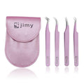Jimy 4 Piece Set Lash Tweezers for Eyelash Extensions, Anti-Slip Diamond Grip for Professionals, Straight and Curved Precision Fiber Tips Stainless Steel, Multipurpose Eyelash Tweezers