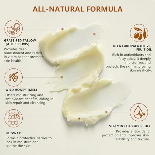 Beef Tallow for Skin, Grass-Fed Beef Tallow Balm, Beef Tallow Cream, Face & Body Moisturizer Restores Skin Barrier, Soothes Dry Sensitive Skin, Beef Tallow Honey Balm Whipped with Beeswax & Olive Oil