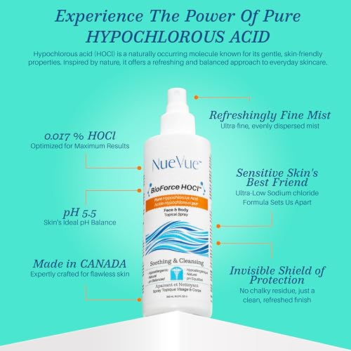 BioForce HOCl - Pure Hypochlorous Acid Spray for Face & Body - Acne-Prone Skin & Eczema, Piercing aftercare, Made in Canada, Gentle Skin Cleanser & Toner, pH Balanced, Non-comedogenic - NueVue (8.2oz)