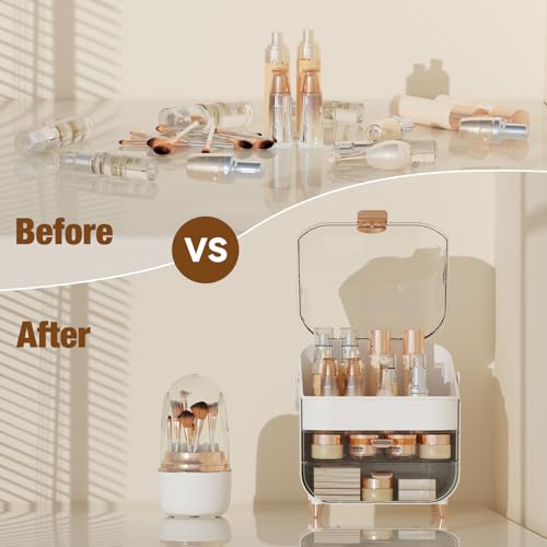 Makeup Organizer Countertop & 360¡Æ Rotating Makeup Brush Holder, Skincare Holder with Lid and Drawers, Storage Box Cosmetic Display Cases, Teen Girl Gifts, Vanity, Bathroom Counter,Rose Gold