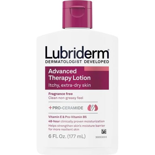Lubriderm Advanced Therapy Fragrance-Free Moisturizing Hand & Body Lotion + Pro-Ceramide,Intense Hydration for Itchy,Extra Dry,& Sensitive Skin,Non-Greasy,Hypoallergenic,6 fl. oz,(Pack of 2)