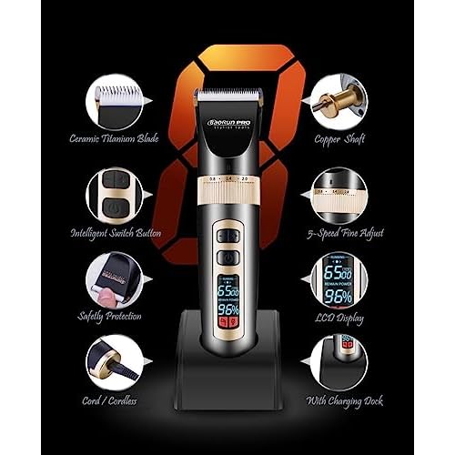 Maxshop Cordless Hair Clippers for Men Kids Grooming Hair Cutting & Trimming Kit with Guide Combs Charging Dock (Gold)