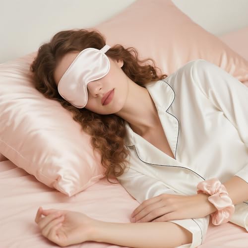 Vegan Silk Sleep Set, Vegan Silk Pillowcase with Large Scrunchie and Eye Mask for Hair and Skin, Self Care Essential Satin Night Routine Kit (Light Pink Color)