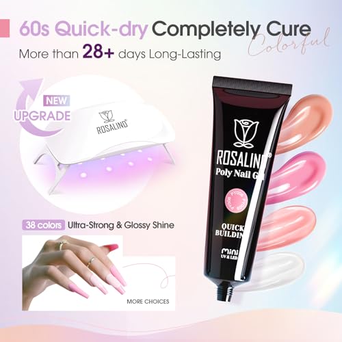 ROSALIND 38 Colors Poly Nail Gel Kit with Mini Nail Lamp Clear Neon Poly Nail Gel Starter Kit for Beginners Halloween All Seasons Classic Colors with Everything