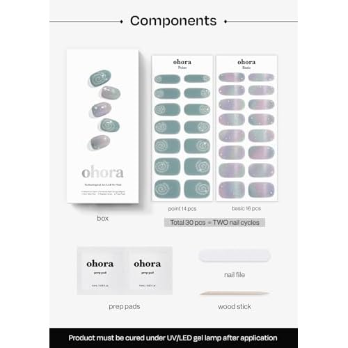 ohora Semi Cured Gel Nail Strips (N Milky Swirl) - Works with Any Lamps, Salon-Quality, Long Lasting, Easy to Apply & Remove - Includes 2 Prep Pads, Nail File & Wooden Stick