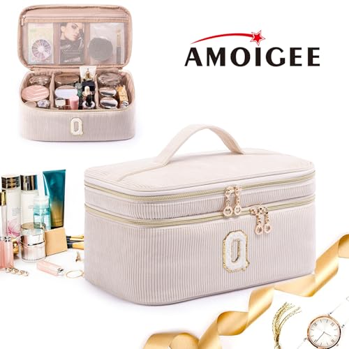 AMOIGEE Initial Makeup Bag Organizer,Personalized Double Layer Train Case, Travel Toiletry Bag for Makeup Brushes for Teens Girl, Skincare Gift Set, Initial Cute Cosmetic Make Up Bag for Women